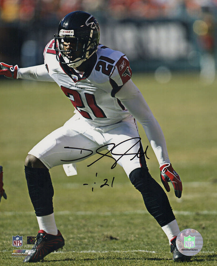 DeAngelo Hall Autographed Atlanta Falcons White Jersey Action 8x10 Photo-Powers Sports Memorabilia