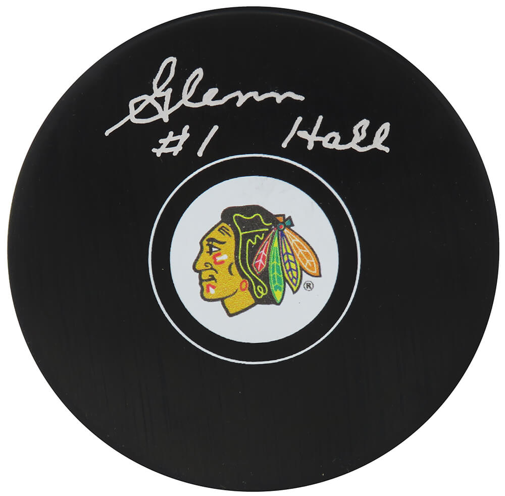 Glenn Hall Chicago Blackhawks Autographed Team Logo Hockey Puck-Powers Sports Memorabilia