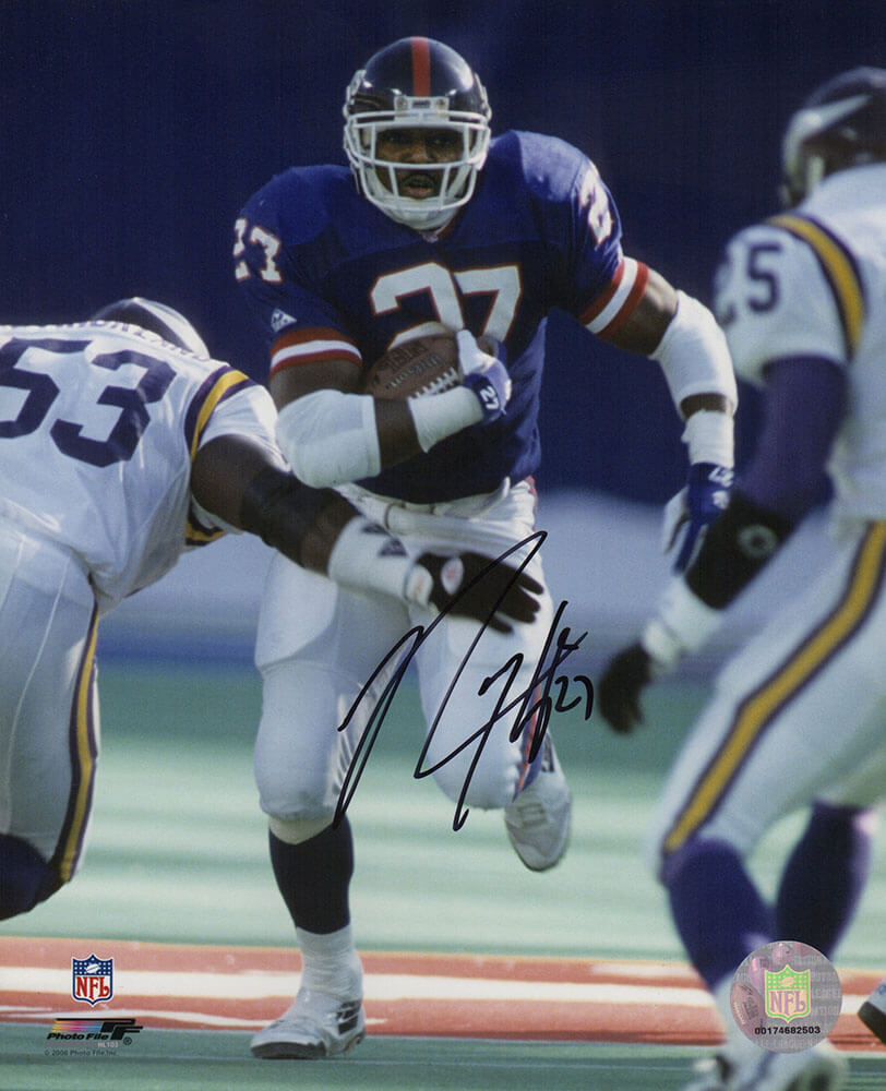 Rodney Hampton Autographed New York Giants Blue Jersey vs Vikings Action 8x10 Photo-Powers Sports Memorabilia