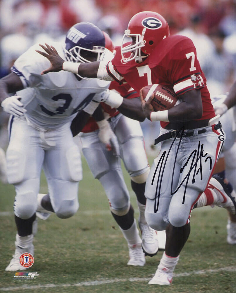 Rodney Hampton Autographed Georgia Red Jersey Action 8x10 Photo-Powers Sports Memorabilia