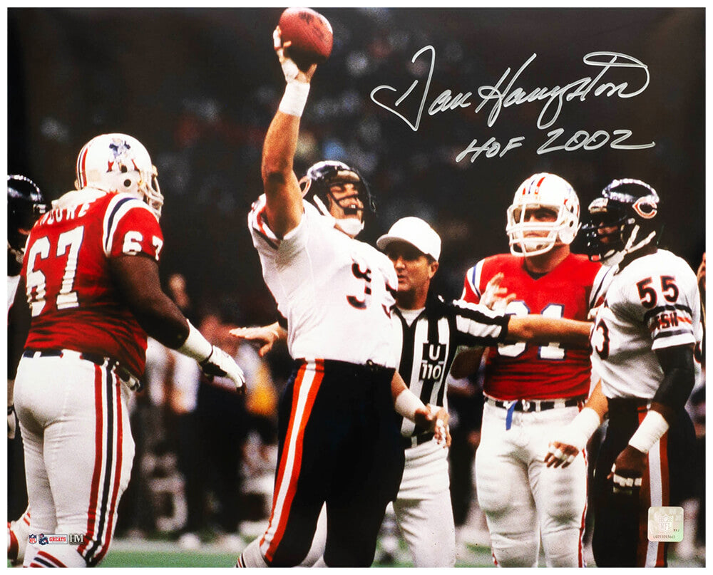 Dan Hampton Autographed Chicago Bears Super Bowl XX Holding Football vs Patriots 16x20 Photo with HOF 2002-Powers Sports Memorabilia