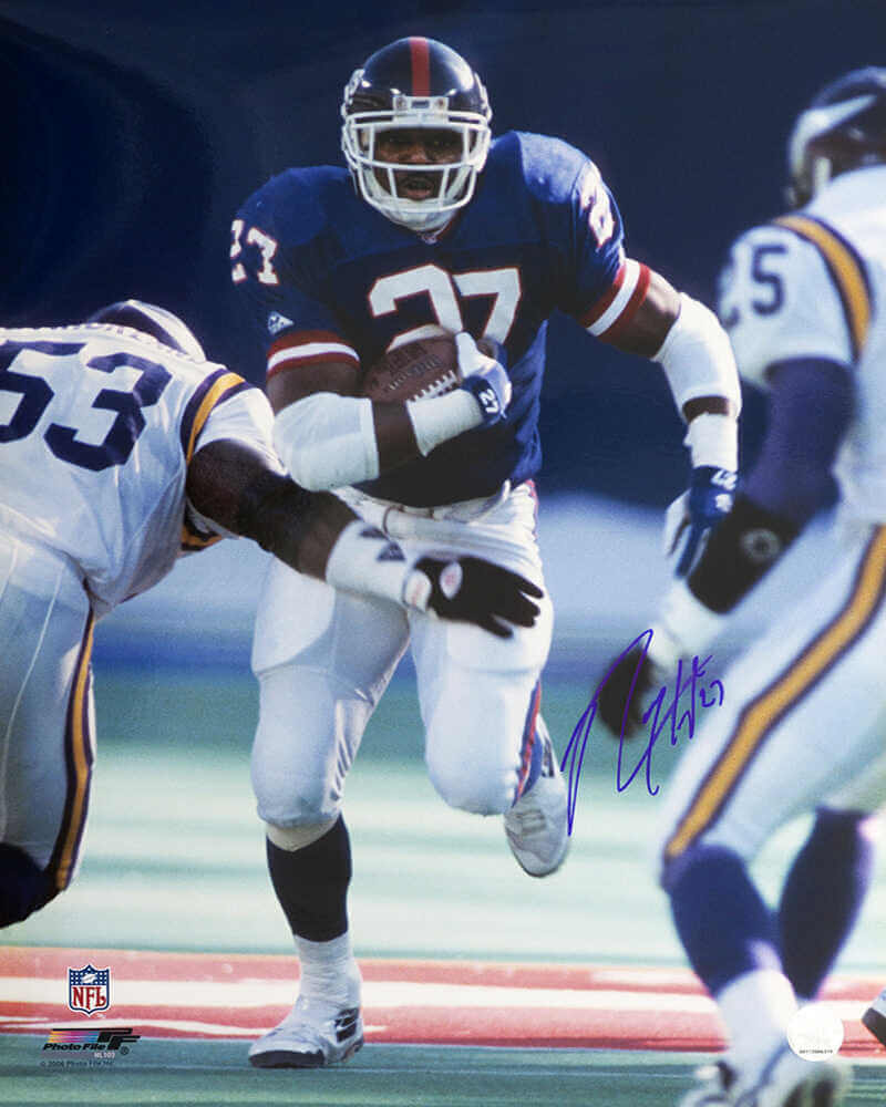 Rodney Hampton Autographed New York Giants Blue Jersey Action 16x20 Photo-Powers Sports Memorabilia