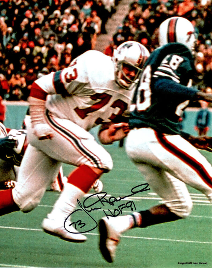 John Hannah Autographed New England Patriots Action 8x10 Photo with HOF'91-Powers Sports Memorabilia
