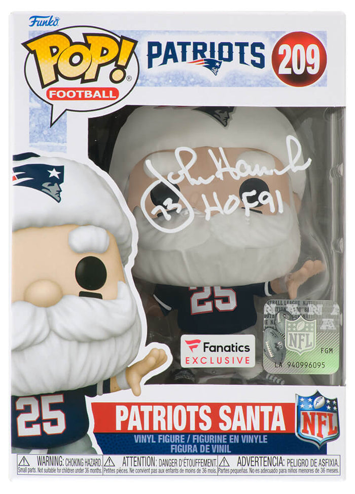 John Hannah Autographed New England Patriots 'SANTA' Funko Pop Doll #209 with HOF'91-Powers Sports Memorabilia