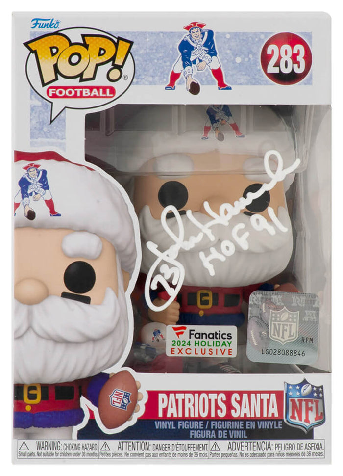 John Hannah Autographed New England Patriots SANTA Funko Pop Doll #283 with HOF'91-Powers Sports Memorabilia