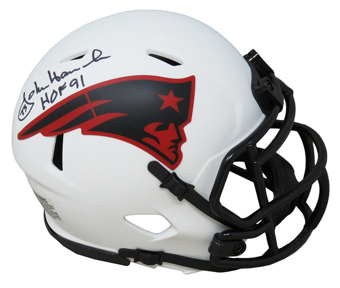 John Hannah Autographed New England Patriots Lunar Eclipse White Matte Riddell Speed Mini Helmet with HOF'91-Powers Sports Memorabilia