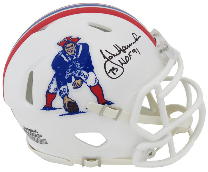 John Hannah Autographed New England Patriots Throwback Riddell Speed Mini Helmet with HOF'91-Powers Sports Memorabilia