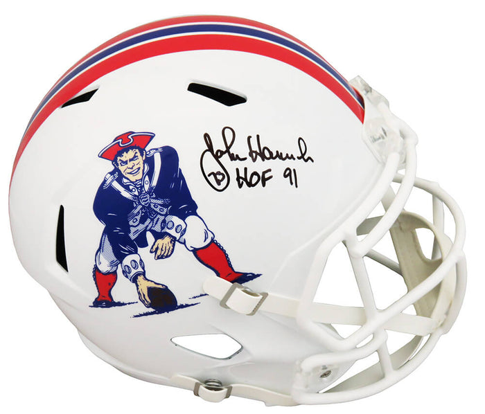 John Hannah Autographed New England Patriots Throwback Riddell Full Size Speed Replica Helmet with HOF'91-Powers Sports Memorabilia
