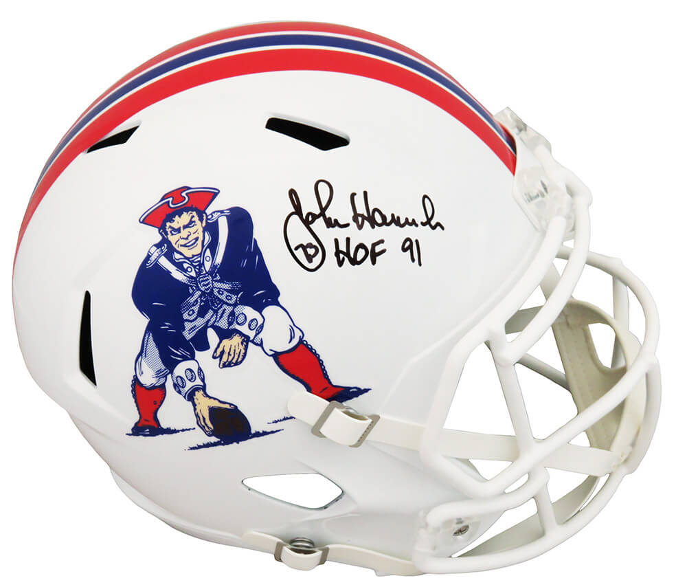 John Hannah Autographed New England Patriots Throwback Riddell Full Size Speed Replica Helmet with HOF'91-Powers Sports Memorabilia