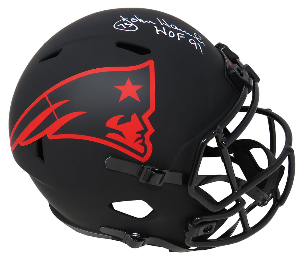 John Hannah Autographed New England Patriots Eclipse Riddell Full Size Speed Replica Helmet with HOF'91-Powers Sports Memorabilia