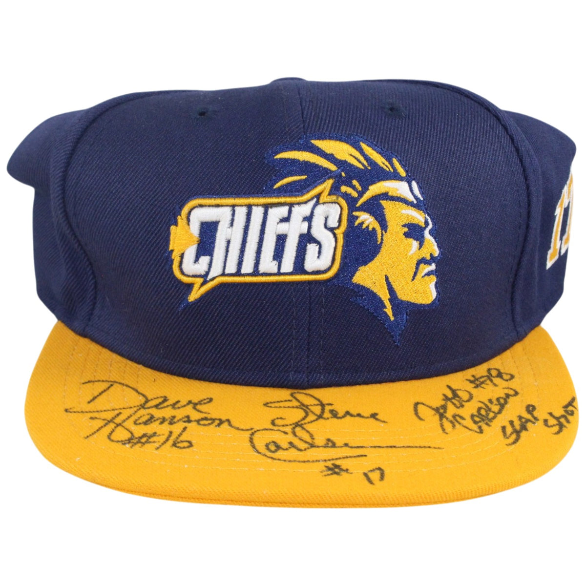 Slap Shot Hanson Brothers Signed Mini Helmet - Chiefs Snapback Hat Beckett Beckett-Powers Sports Memorabilia
