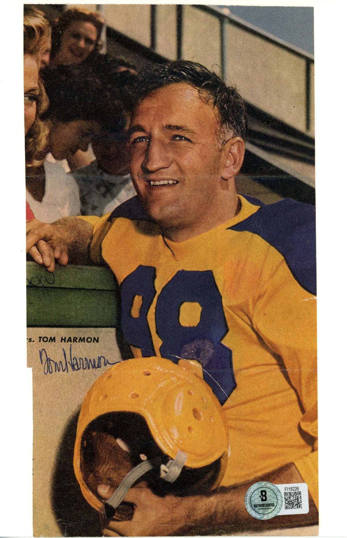 Tom Harmon Los Angeles Rams Signed Mini Helmet - 6x9 Matted Cut Sheet Beckett Beckett-Powers Sports Memorabilia