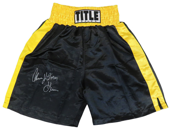 Thomas Hearns Autographed Title Black With Yellow Waist Boxing Trunks with Hitman-Powers Sports Memorabilia