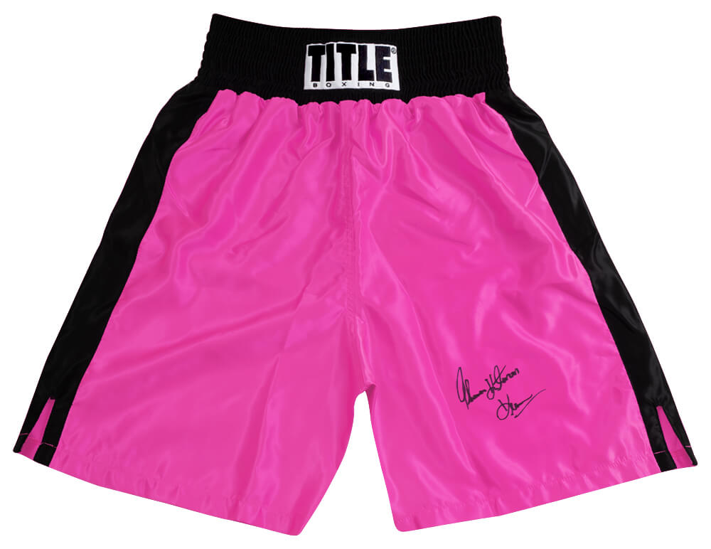 Thomas Hearns Autographed Title Pink With Black Trim Boxing Trunks with Hitman-Powers Sports Memorabilia