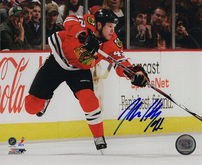 Jordan Hendry Autographed Blackhawks Red Jersey Action 8x10 Photo w/#42-Powers Sports Memorabilia