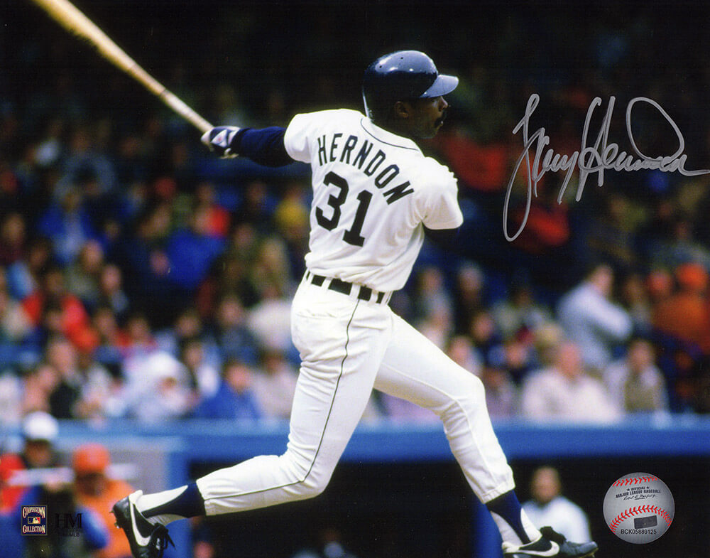 Larry Herndon Autographed Detroit Tigers White Jersey Batting Action 8x10 Photo-Powers Sports Memorabilia