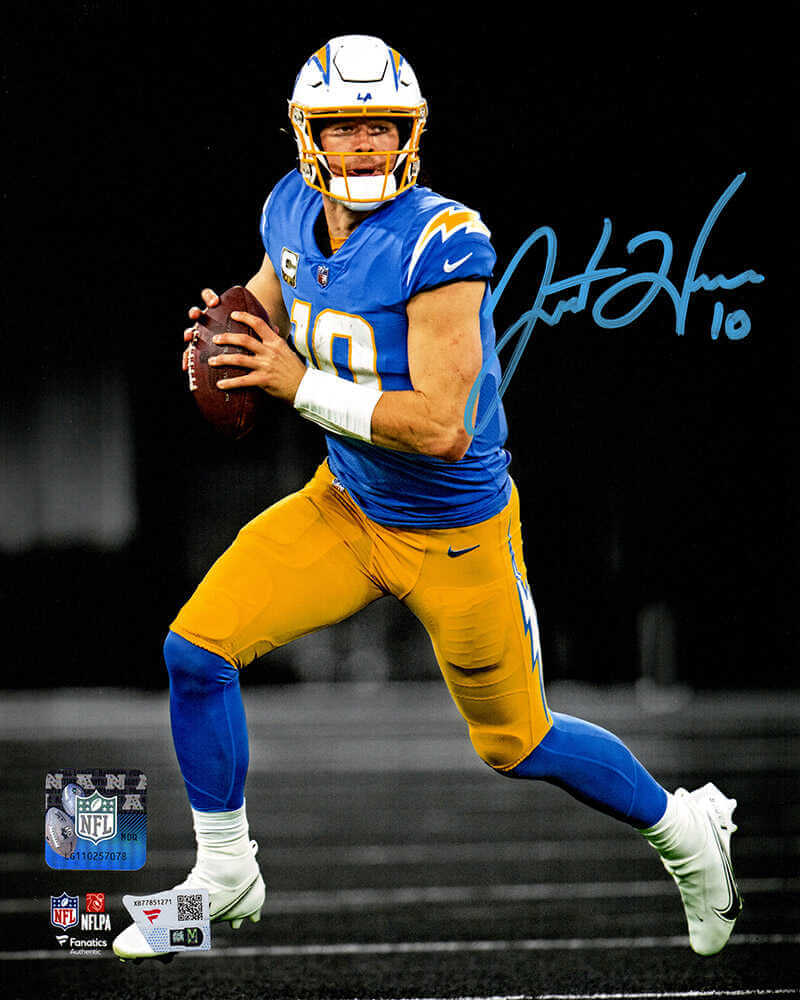 Justin Herbert Autographed Los Angeles Chargers Rolling Out Spotlight Action 8x10 Photo-Powers Sports Memorabilia