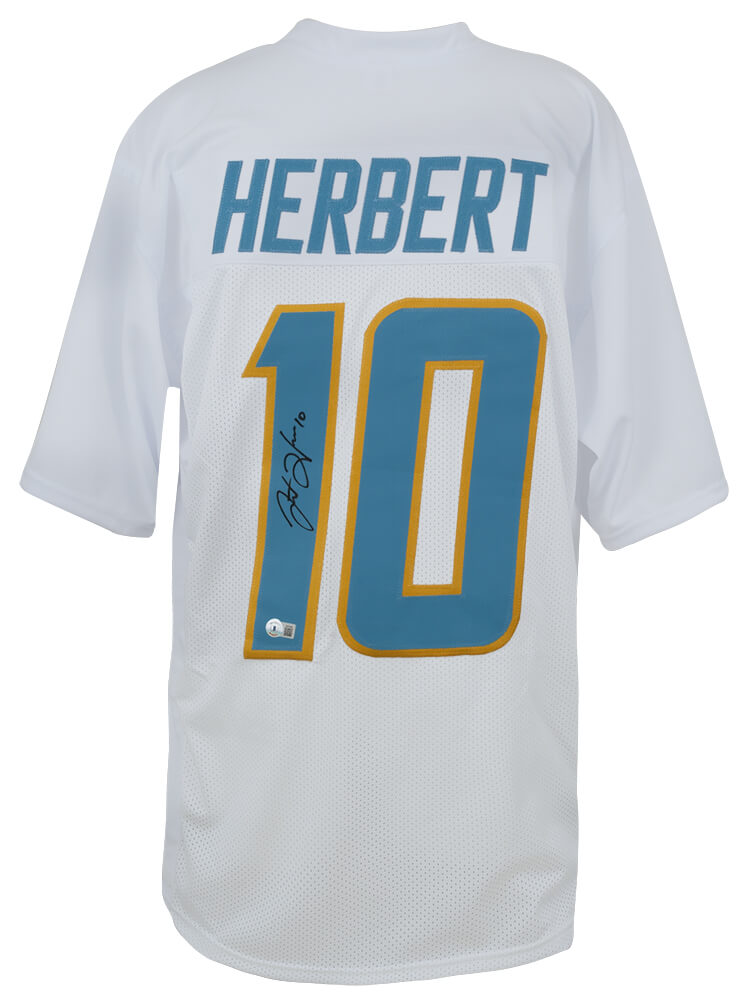 Justin Herbert Autographed White Custom Football Jersey Beckett-Powers Sports Memorabilia