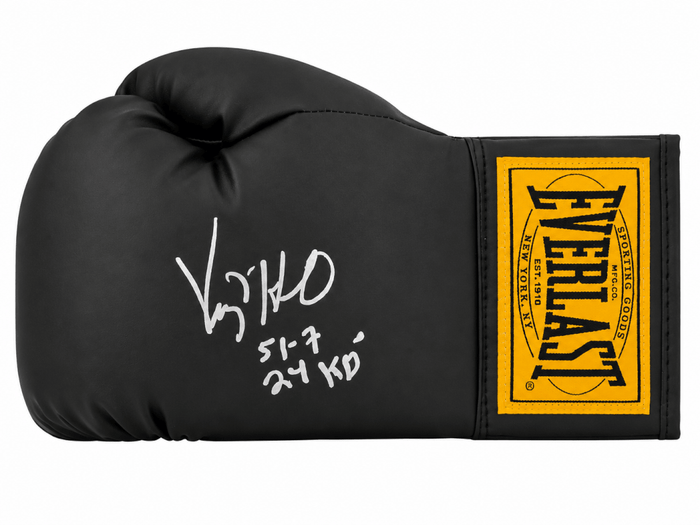 Virgil Hill Autographed Everlast Black Full Size Boxing Glove with 51-7, 24 Kos-Powers Sports Memorabilia