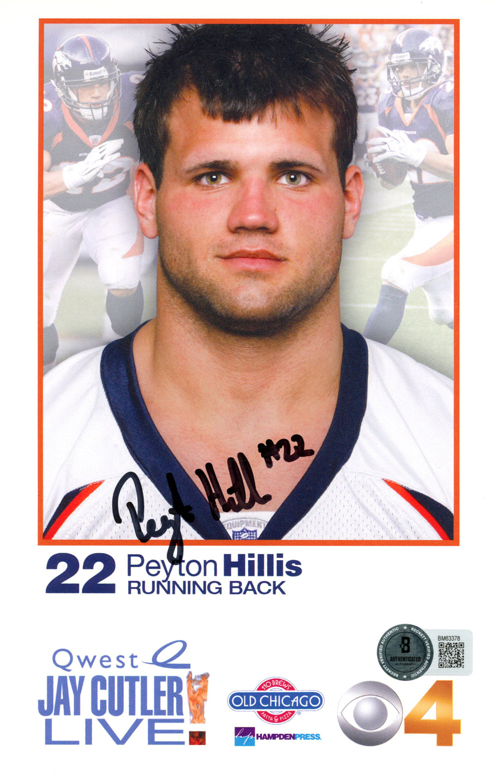 Peyton Hillis Denver Broncos Signed Mini Helmet - 8.5x6.5 Quest Ad Beckett Beckett-Powers Sports Memorabilia