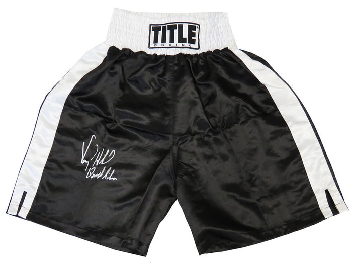 Virgil Hill Autographed Title Black With White Trim Boxing Trunks with Quicksilver-Powers Sports Memorabilia