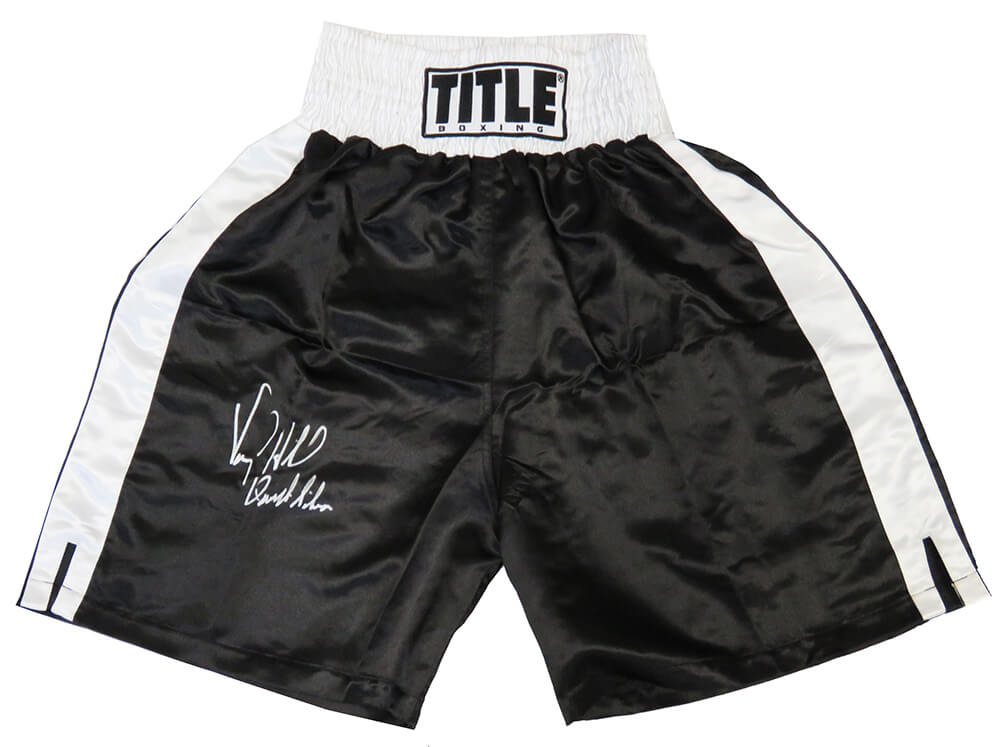 Virgil Hill Autographed Title Black With White Trim Boxing Trunks with Quicksilver-Powers Sports Memorabilia