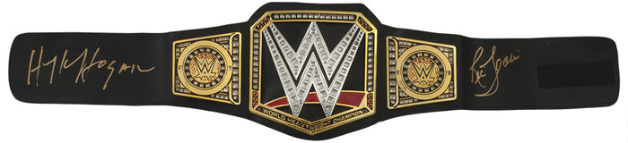 Hulk Hogan & Ric Flair Autographed WWE Heavyweight Champion Replica Wrestling Black Belt-Powers Sports Memorabilia