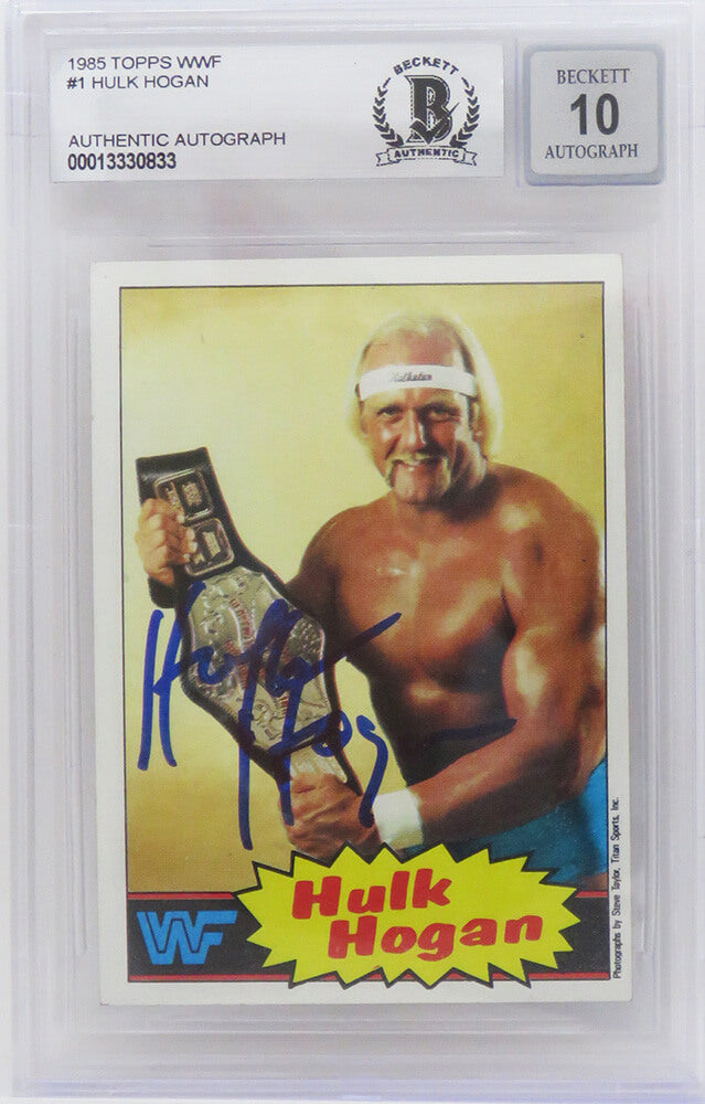 Hulk Hogan Autographed WWF 1985 Topps Wrestling Rookie Card #1 (Beckett Encapsulated/ Autographed Grade 10)-Powers Sports Memorabilia