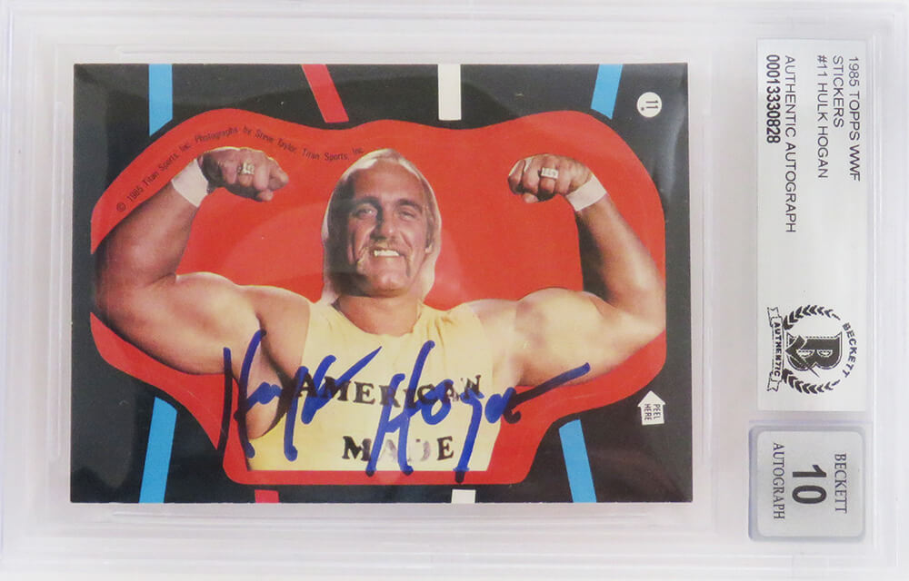 Hulk Hogan Autographed WWF 1985 Topps Wrestling Sticker Card #11 (Beckett Encapsulated/ Autographed Grade 10)-Powers Sports Memorabilia