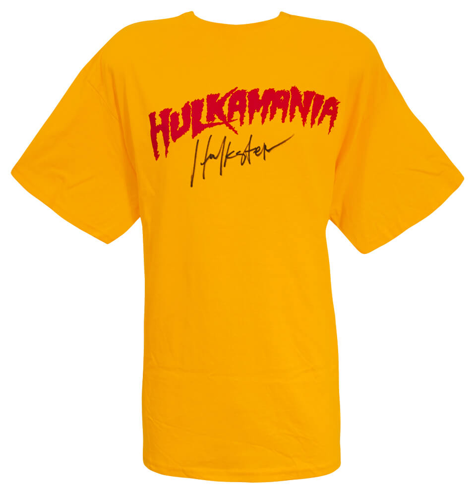 Hulk Hogan Autographed Hulkamania Yellow Wrestling T Shirt with Hulkster Signature-Powers Sports Memorabilia