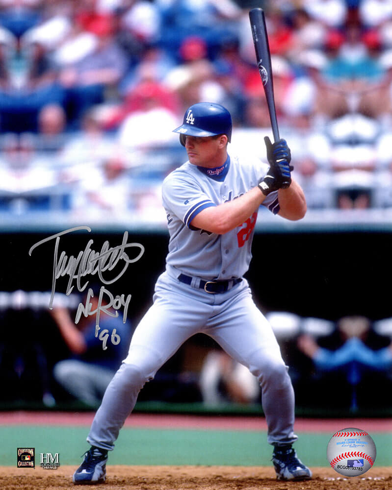 Todd Hollandsworth Autographed Los Angeles Dodgers Batting Action 8x10 Photo with NL ROY 96-Powers Sports Memorabilia