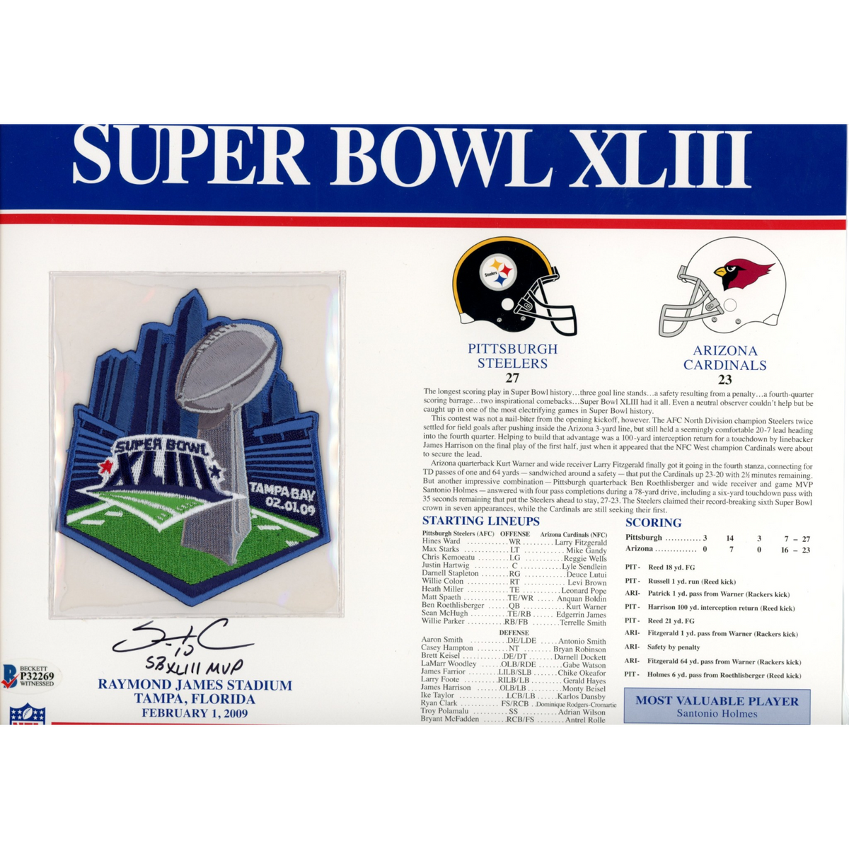 Santonio Holmes Pittsburgh Steelers Signed Mini Helmet - SB XLLIII Patch Beckett Beckett-Powers Sports Memorabilia