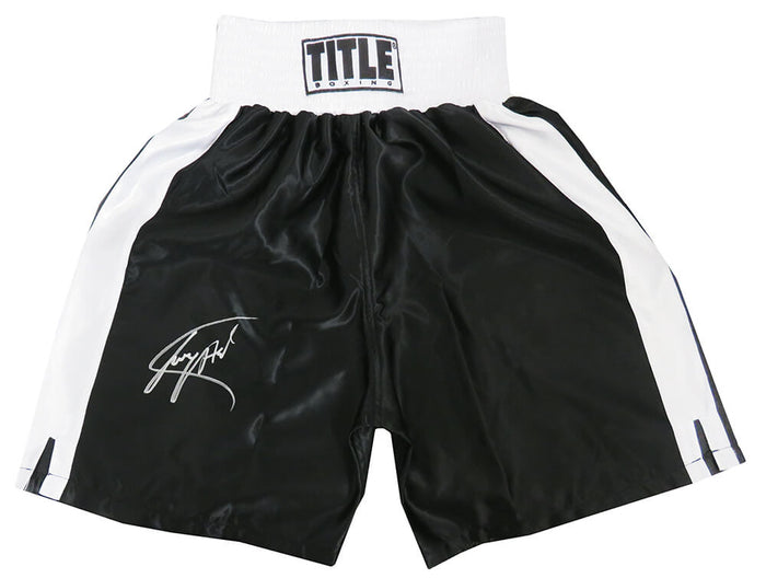 Larry Holmes Autographed Title Black With White Trim Boxing Trunks-Powers Sports Memorabilia