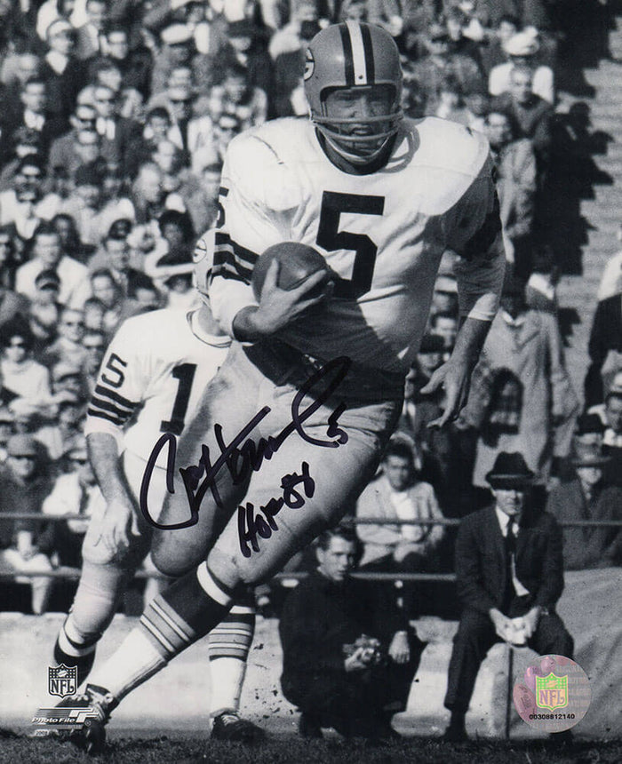Paul Hornung Autographed Green Bay Packers B&W Running With Football 8x10 Photo with HOF'86-Powers Sports Memorabilia