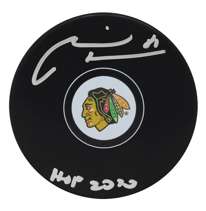 Marian Hossa Autographed Chicago Blackhawks Logo Hockey Puck with HOF 2020-Powers Sports Memorabilia