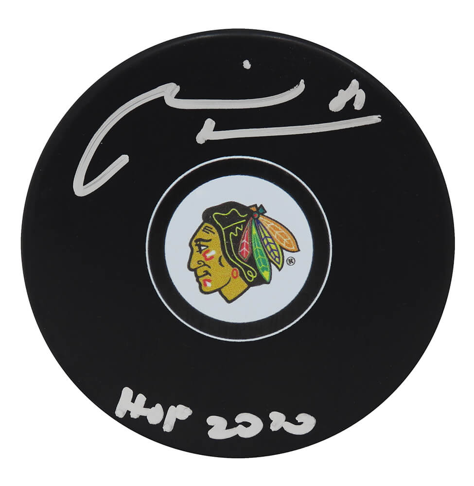 Marian Hossa Autographed Chicago Blackhawks Logo Hockey Puck with HOF 2020-Powers Sports Memorabilia