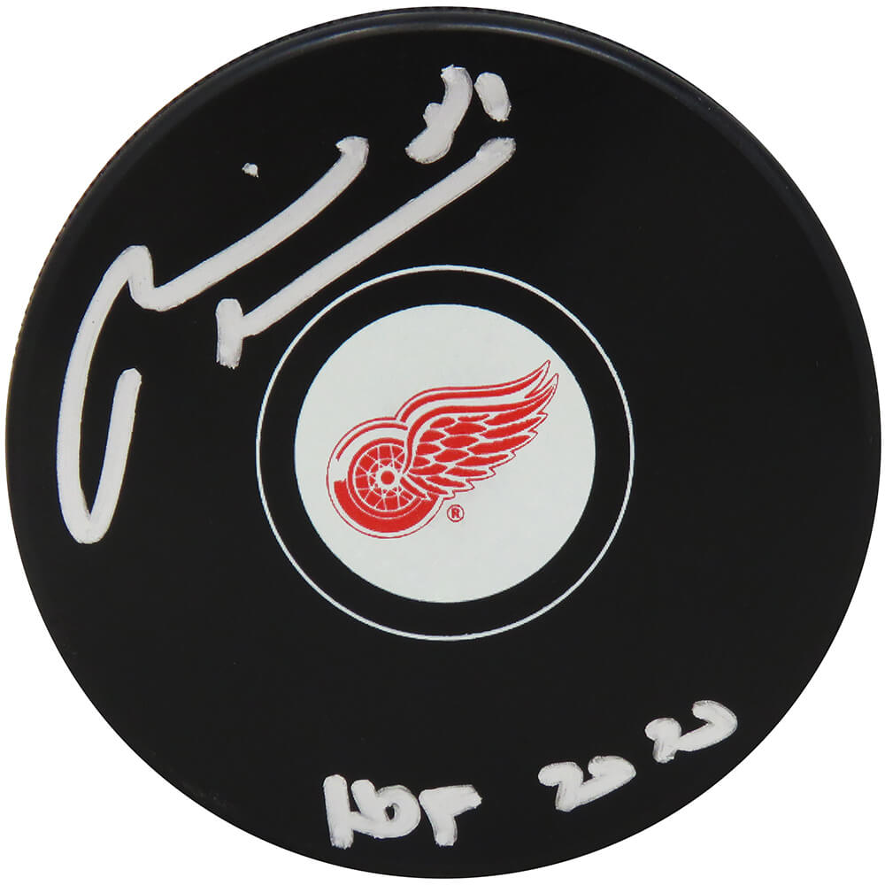 Marian Hossa Autographed Detroit Red Wings Logo Hockey Puck with HOF 2020-Powers Sports Memorabilia