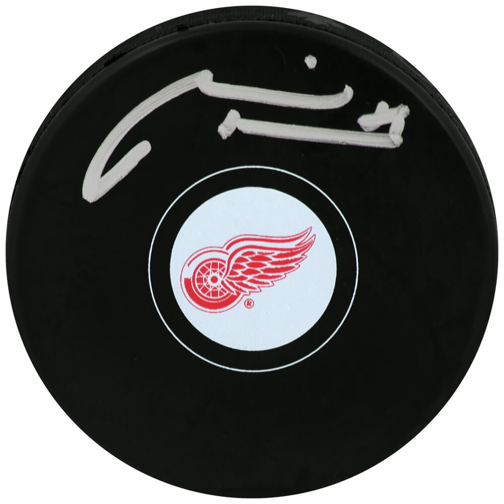 Marian Hossa Autographed Detroit Red Wings Logo Hockey Puck-Powers Sports Memorabilia