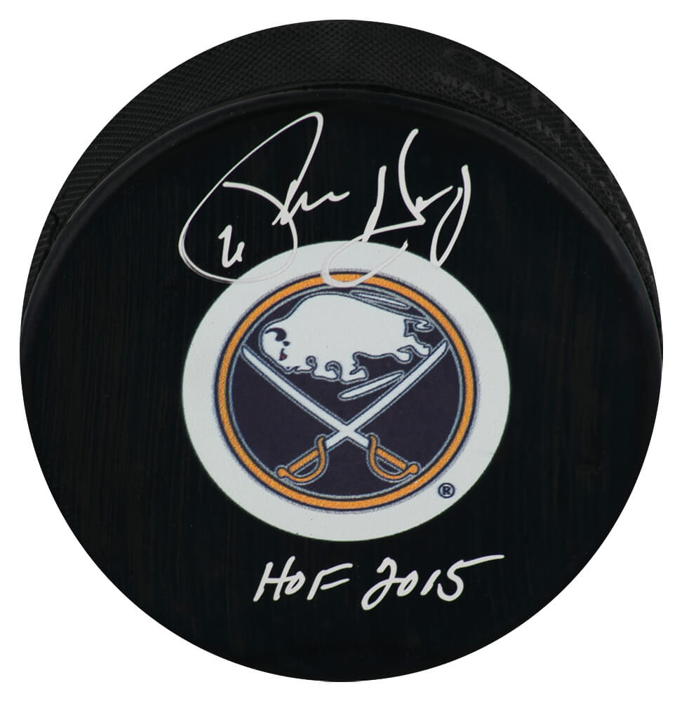 Phil Housley Autographed Buffalo Sabres Medium Logo Hockey Puck with HOF 2015-Powers Sports Memorabilia