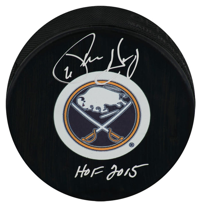 Phil Housley Autographed Buffalo Sabres Medium Logo Hockey Puck with HOF 2015-Powers Sports Memorabilia