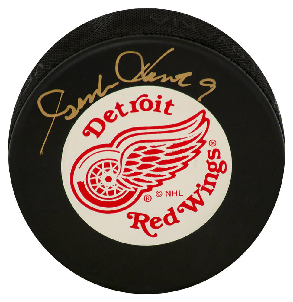 Gordie Howe Autographed Red Wings Large Logo With White Background Hockey Puck (JSA COA)-Powers Sports Memorabilia