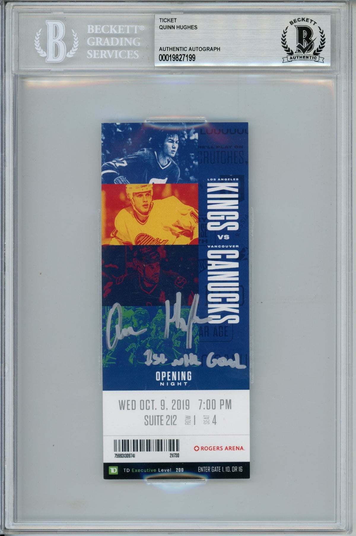 Quinn Hughes Vancouver Canucks Signed Card - 10/9/19 1st NHL Goal Ticket Beckett Beckett-Powers Sports Memorabilia