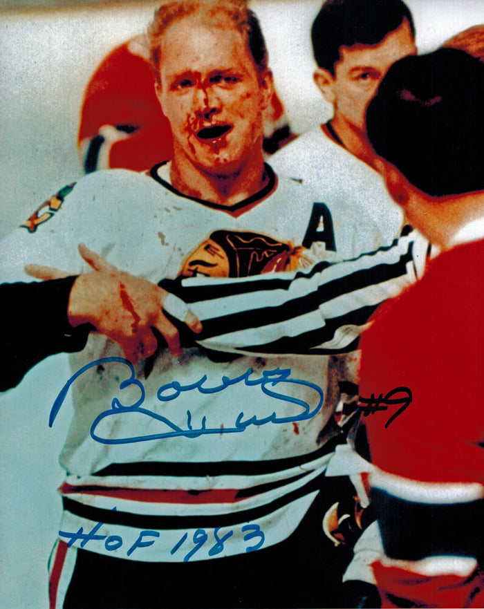 Bobby Hull Autographed Blackhawks Blood 8x10 Photo with HOF 1983-Powers Sports Memorabilia