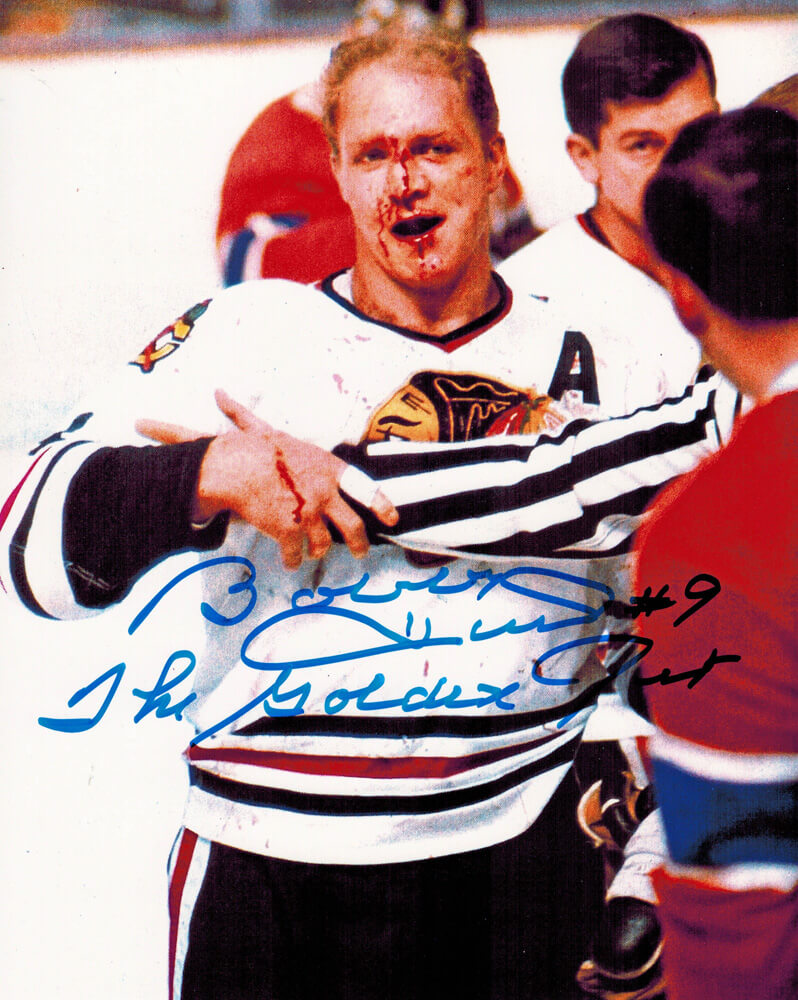Bobby Hull Autographed Blackhawks 'Blood' 8x10 Photo with The Golden Jet-Powers Sports Memorabilia