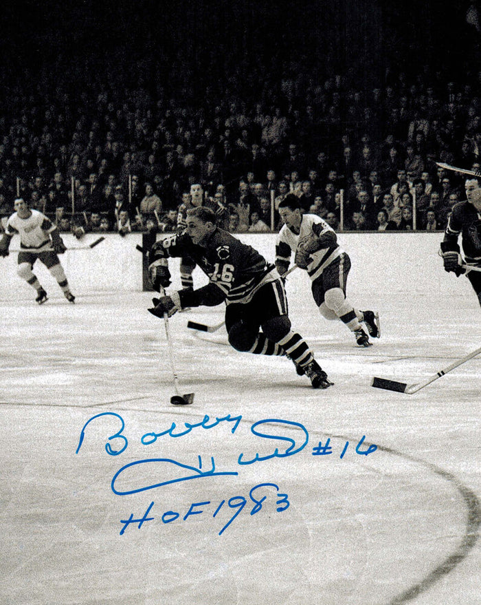 Bobby Hull Autographed Blackhawks B&W 1961 Finals Action 8x10 Photo with HOF 1983-Powers Sports Memorabilia