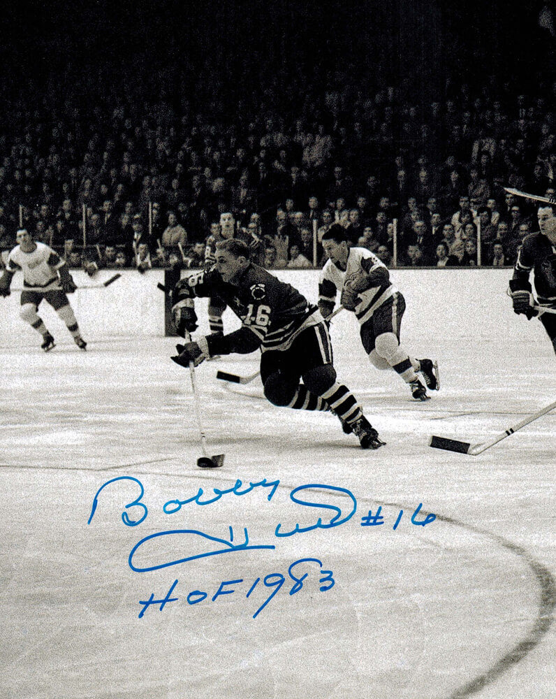 Bobby Hull Autographed Blackhawks B&W 1961 Finals Action 8x10 Photo with HOF 1983-Powers Sports Memorabilia