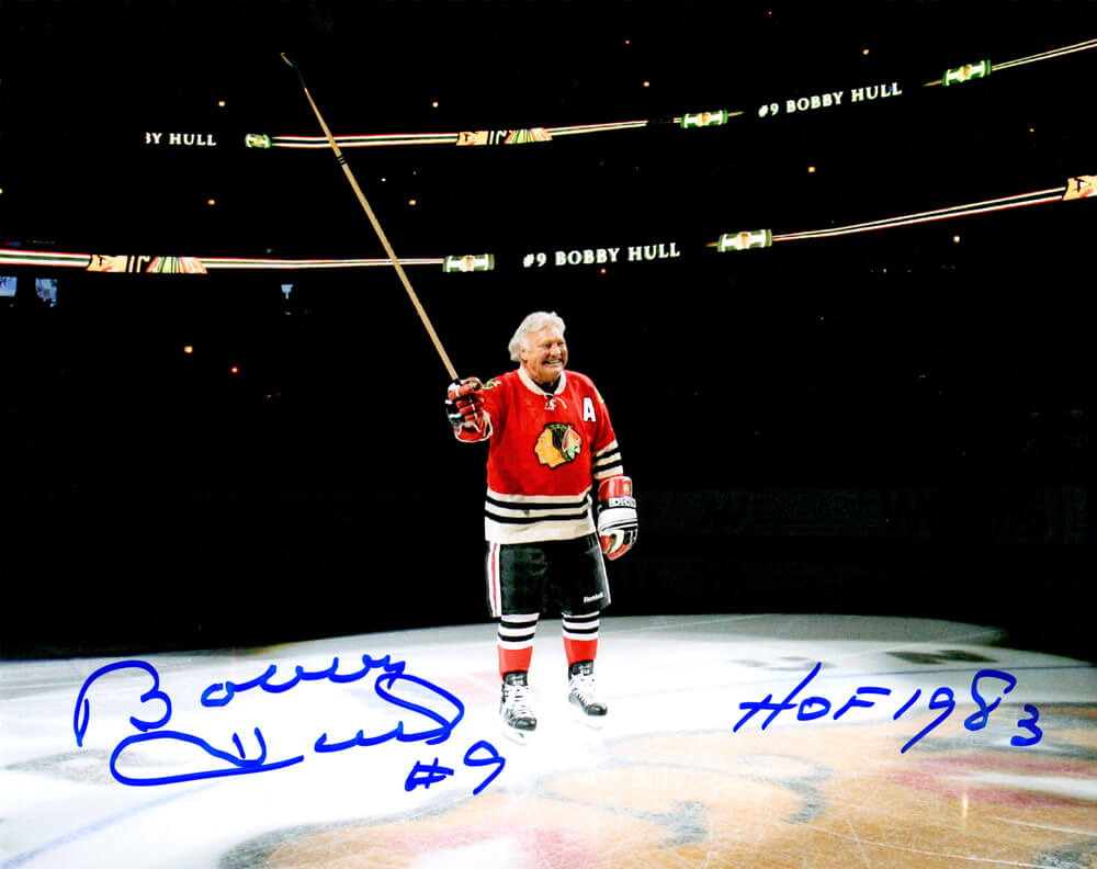 Bobby Hull Autographed Blackhawks On Center Ice 8x10 Photo with HOF 1983-Powers Sports Memorabilia