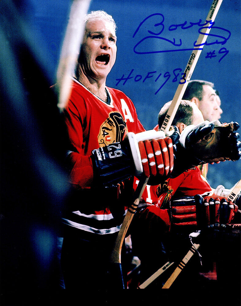 Bobby Hull Autographed Chicago Blackhawks Yelling 8x10 Photo with HOF 1983-Powers Sports Memorabilia