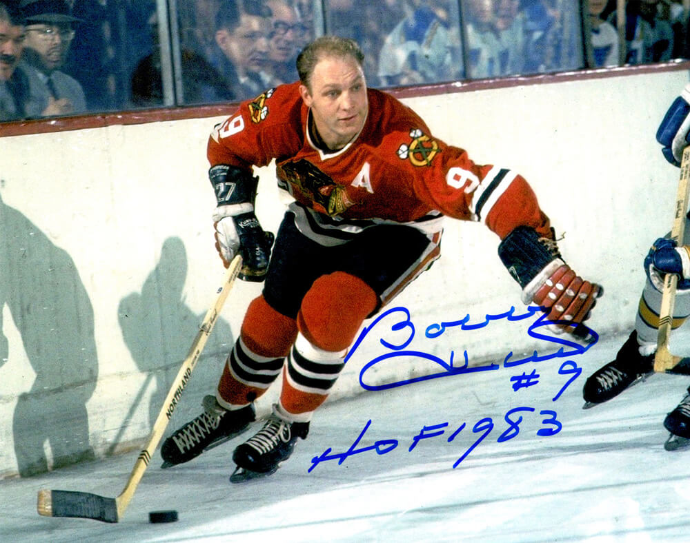 Bobby Hull Autographed Chicago Blackhawks Action With Puck 8x10 Photo with HOF 1983-Powers Sports Memorabilia
