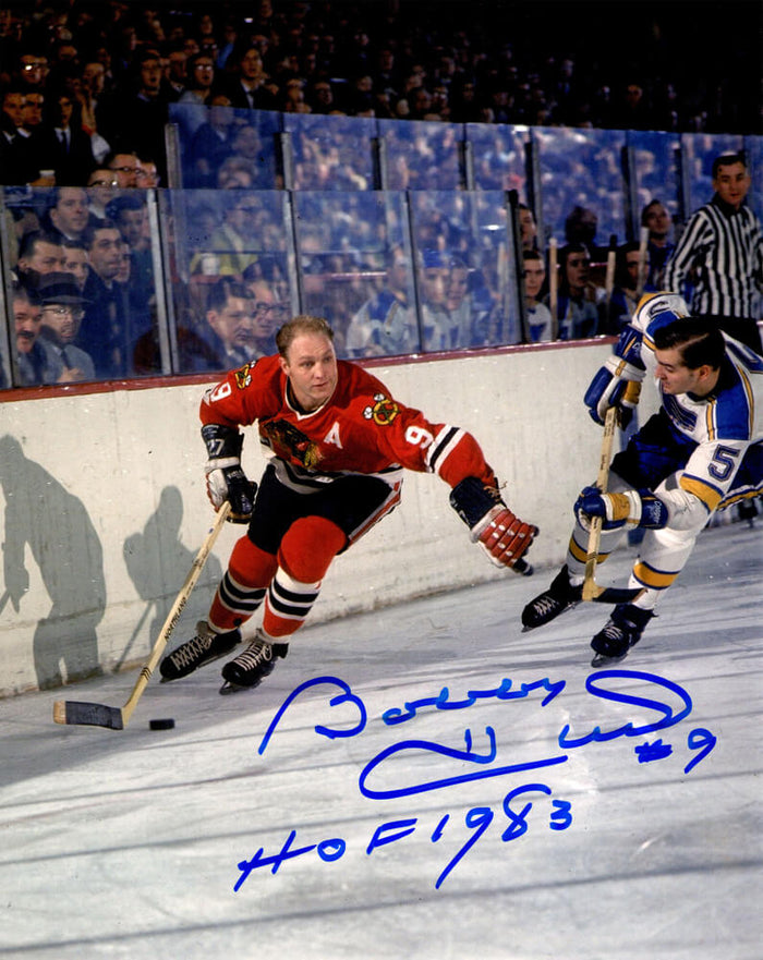 Bobby Hull Autographed Blackhawks Action vs Blues 8x10 Photo with HOF 1983-Powers Sports Memorabilia
